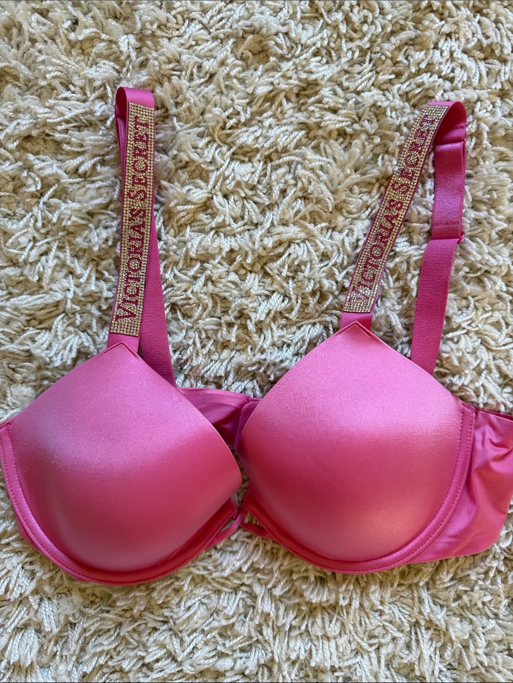 Victoria's Secret Hot Pink Satin Push-Up Bra with Logo Crystal Straps